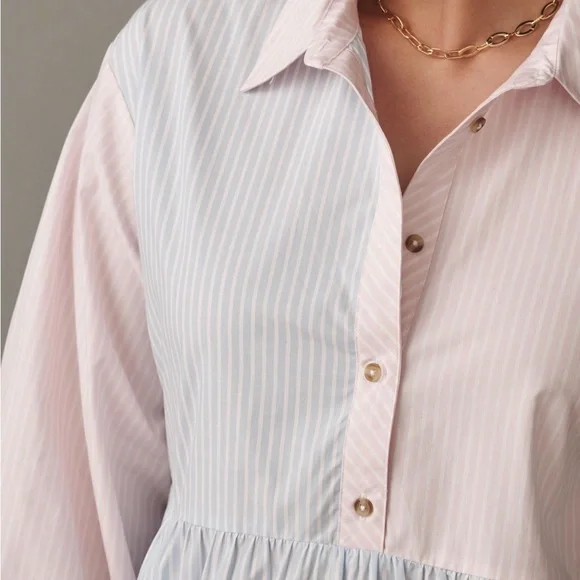 Two-Tone Pastel Pink & Blue  Bettina Stripe Mix Tiered Mini Shirt Dress by Maeve - Picture 5 of 6